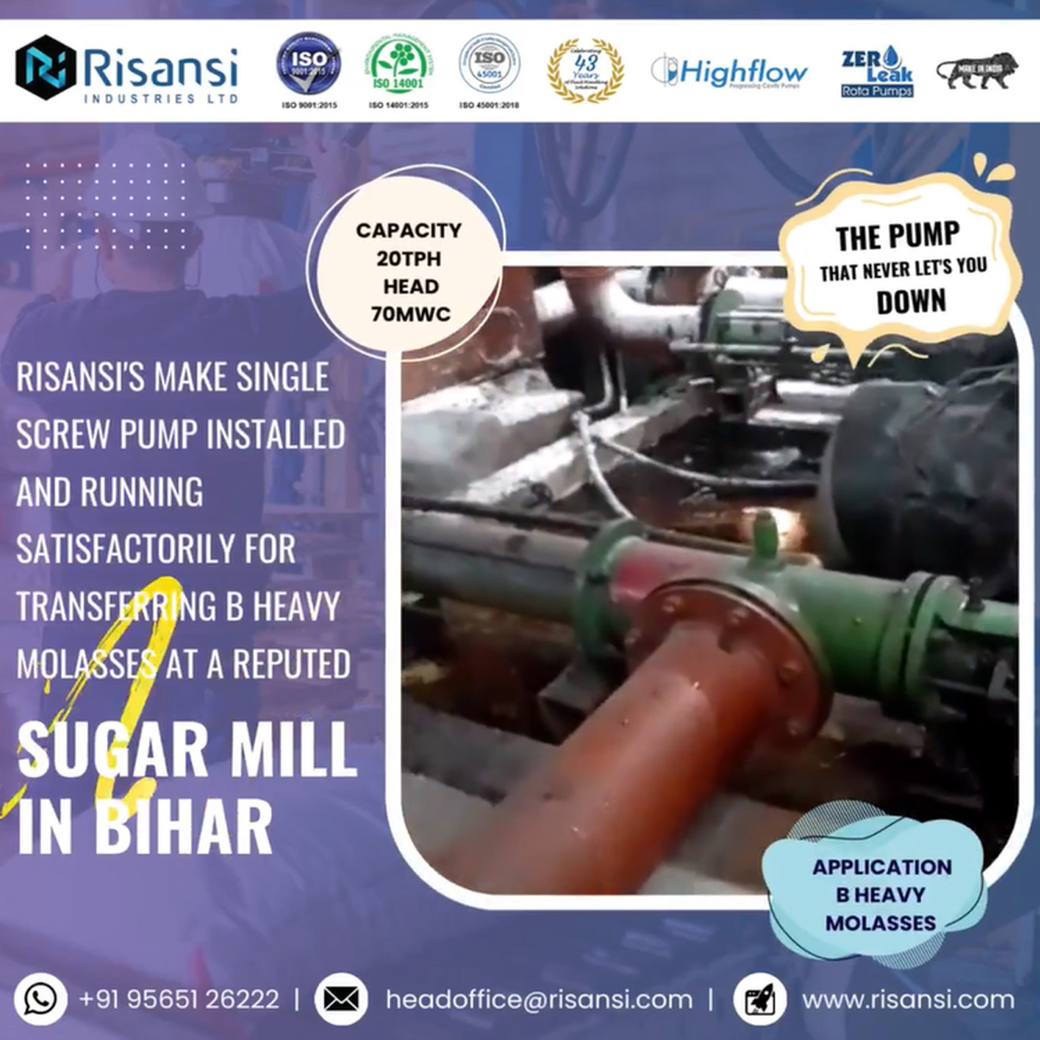 Single Screw Pump Installed in Sugar Mill in Bihar
