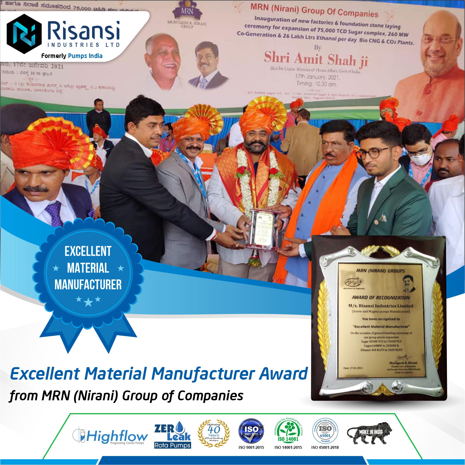 Excellent Material Manufacturer Award from MRN Group of Companies