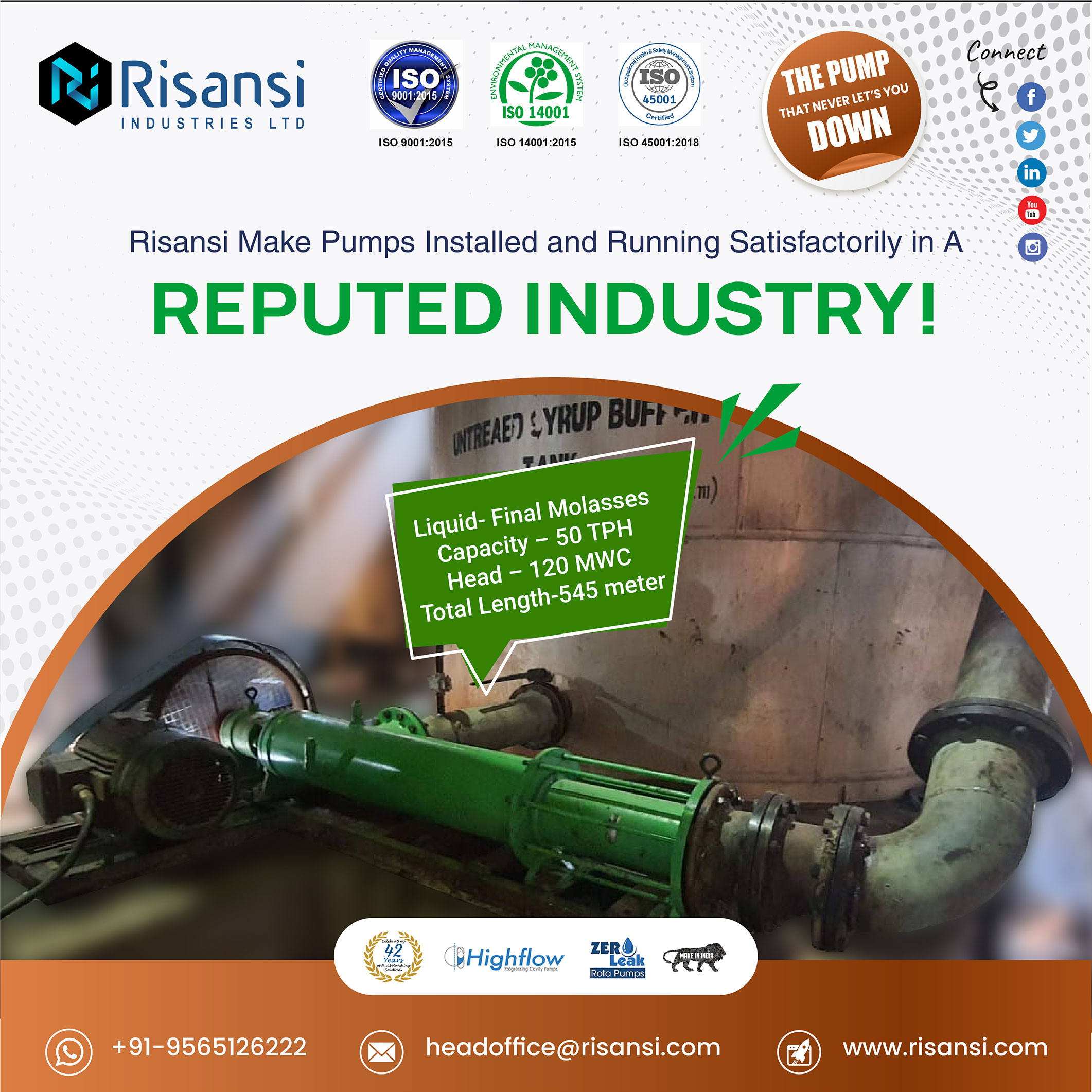 RIL Make Pump Installed in Sugar Industry